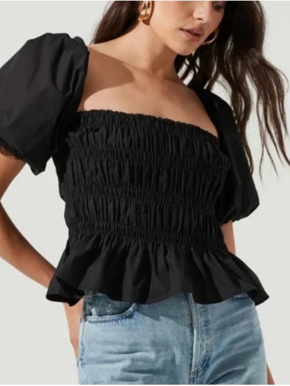 Astr Black Smocked Square-Neck Puff Sleeve Top